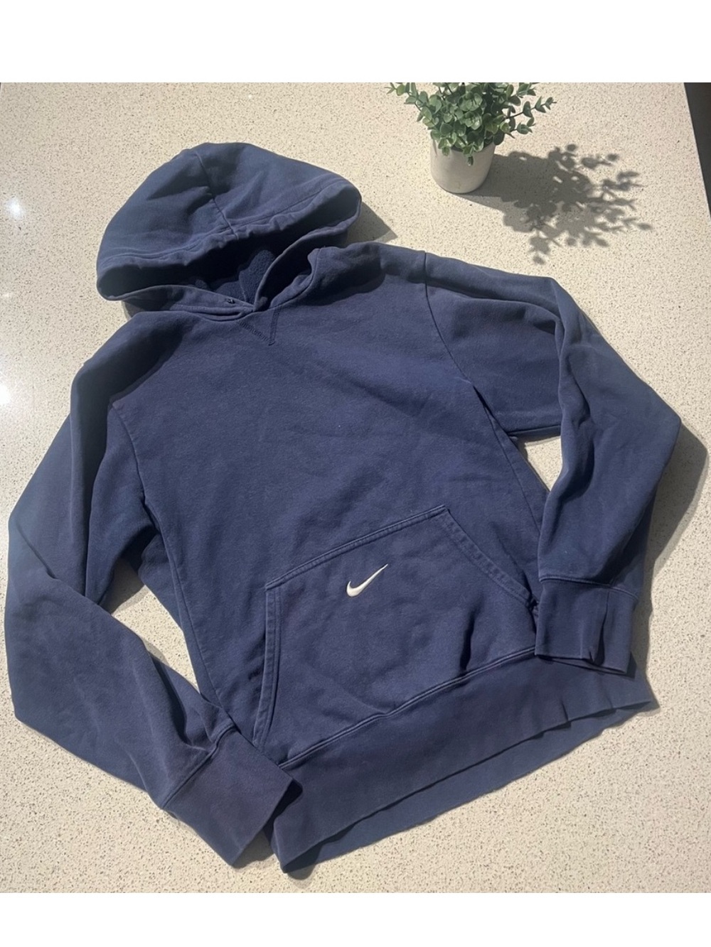 Nike Y2K Small Swoosh Kangaroo Pocket Pullover Hoodie Navy Blue Vintage Sz XS